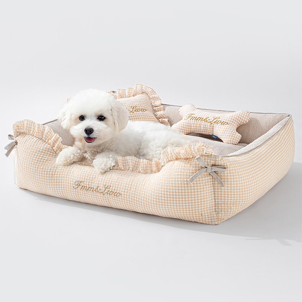 Soft Gingham Washable Dog & Cat Sofa Bed with Pillows