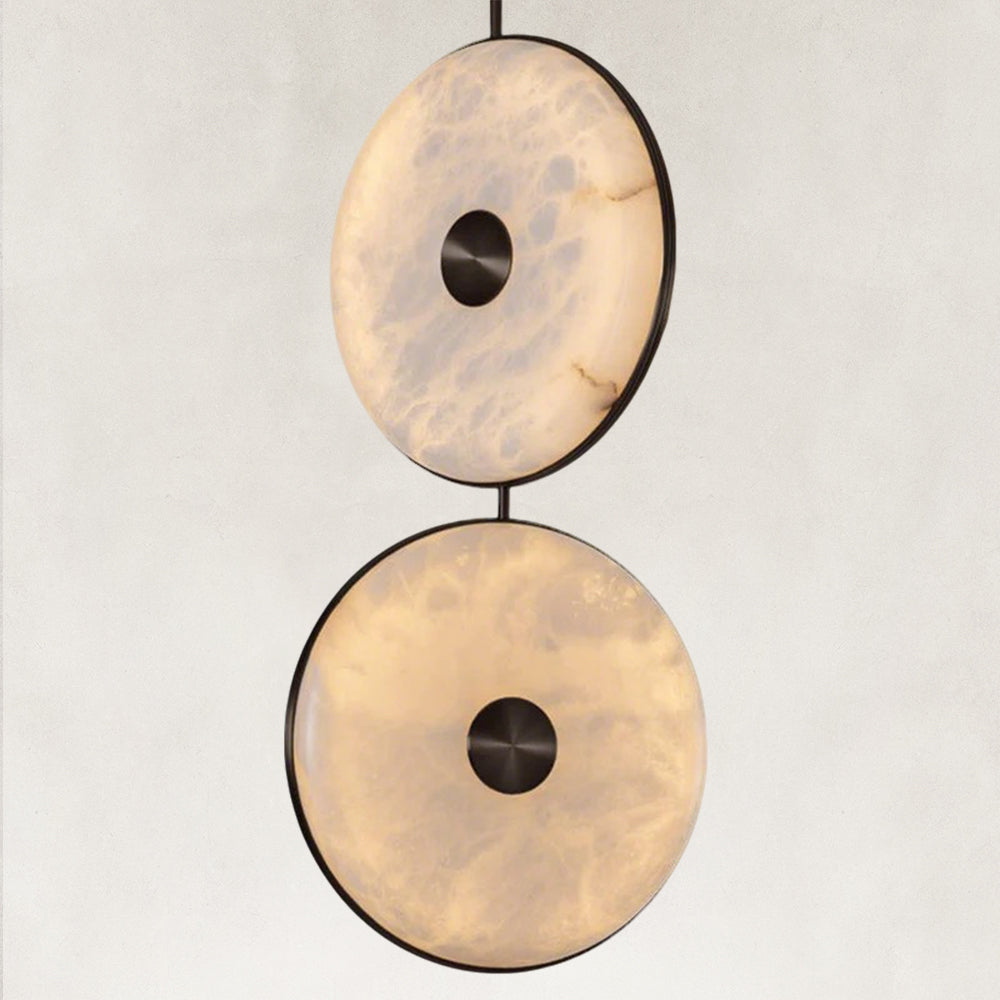 Nebula Alabaster Disc Pendant with Sculptural Stone Form 10"D