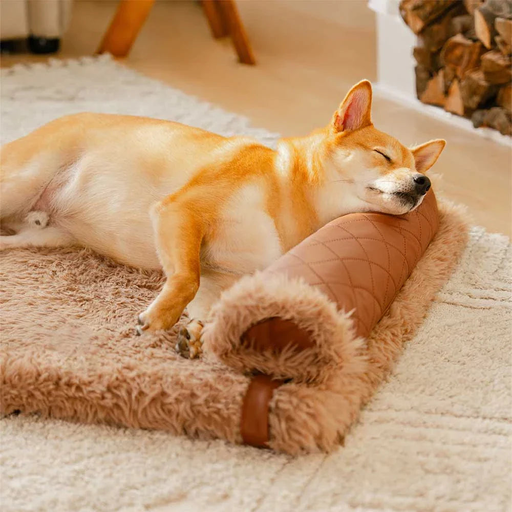 Dual-Sided Faux Leather＆Warm Plush Removable Sponge Dog Mat With Pillow