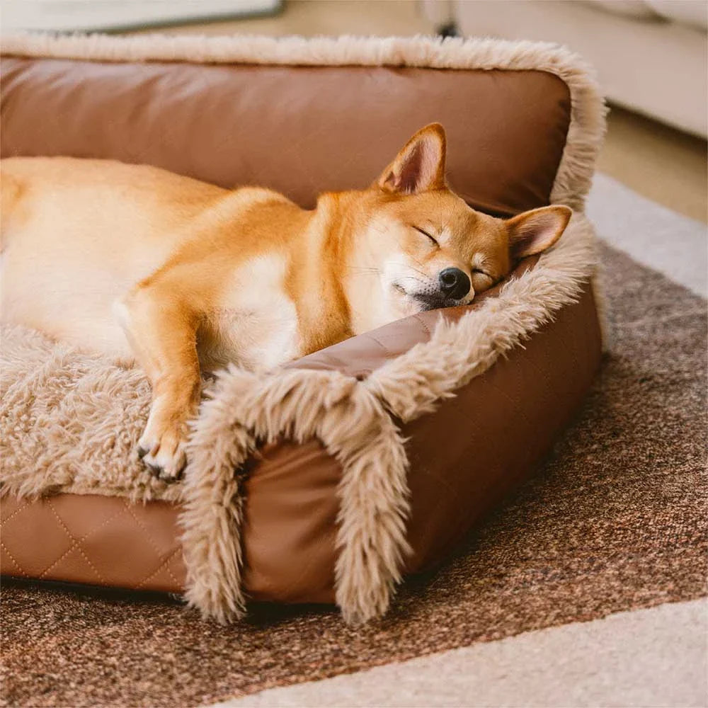 Luxe Faux Leather＆Plush Removable Sponge Orthopedic Dog Bed - WarmRest