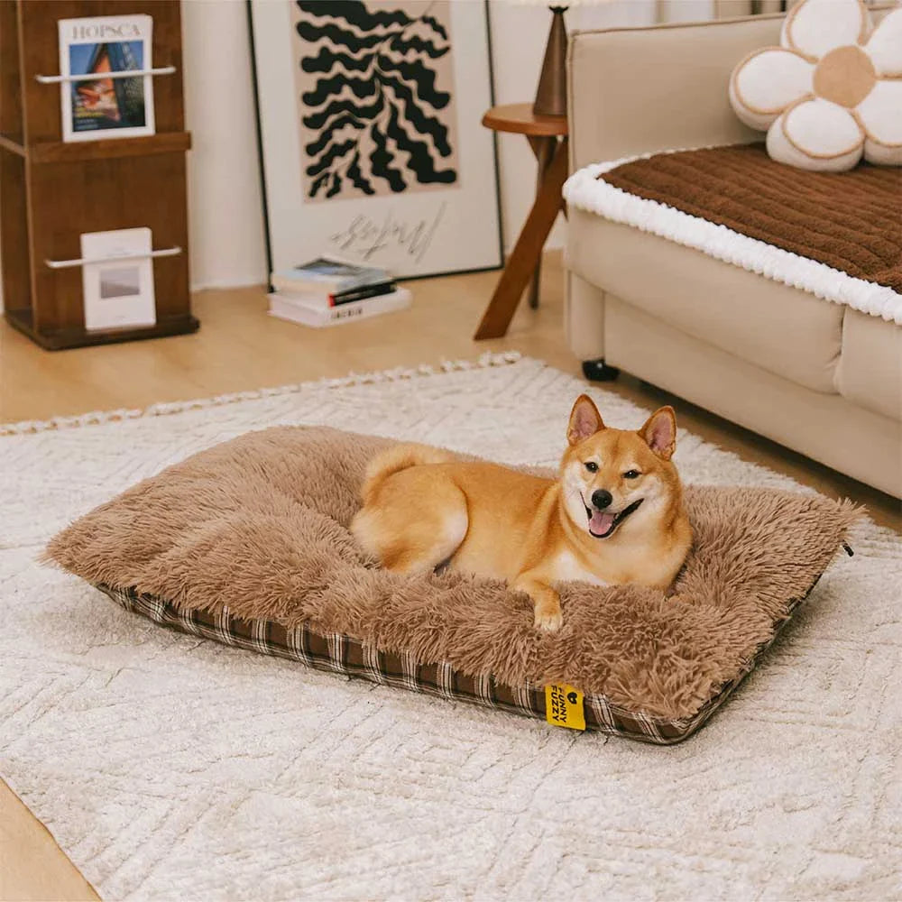 Classical Plaid Dual-Sided Removable Plush Calming Dog Mat