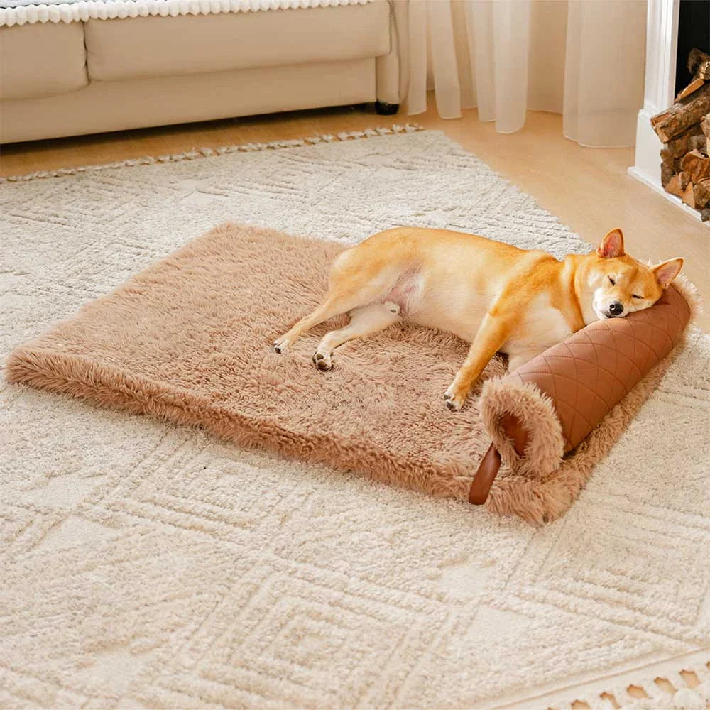 Dual-Sided Faux Leather＆Warm Plush Removable Sponge Dog Mat With Pillow
