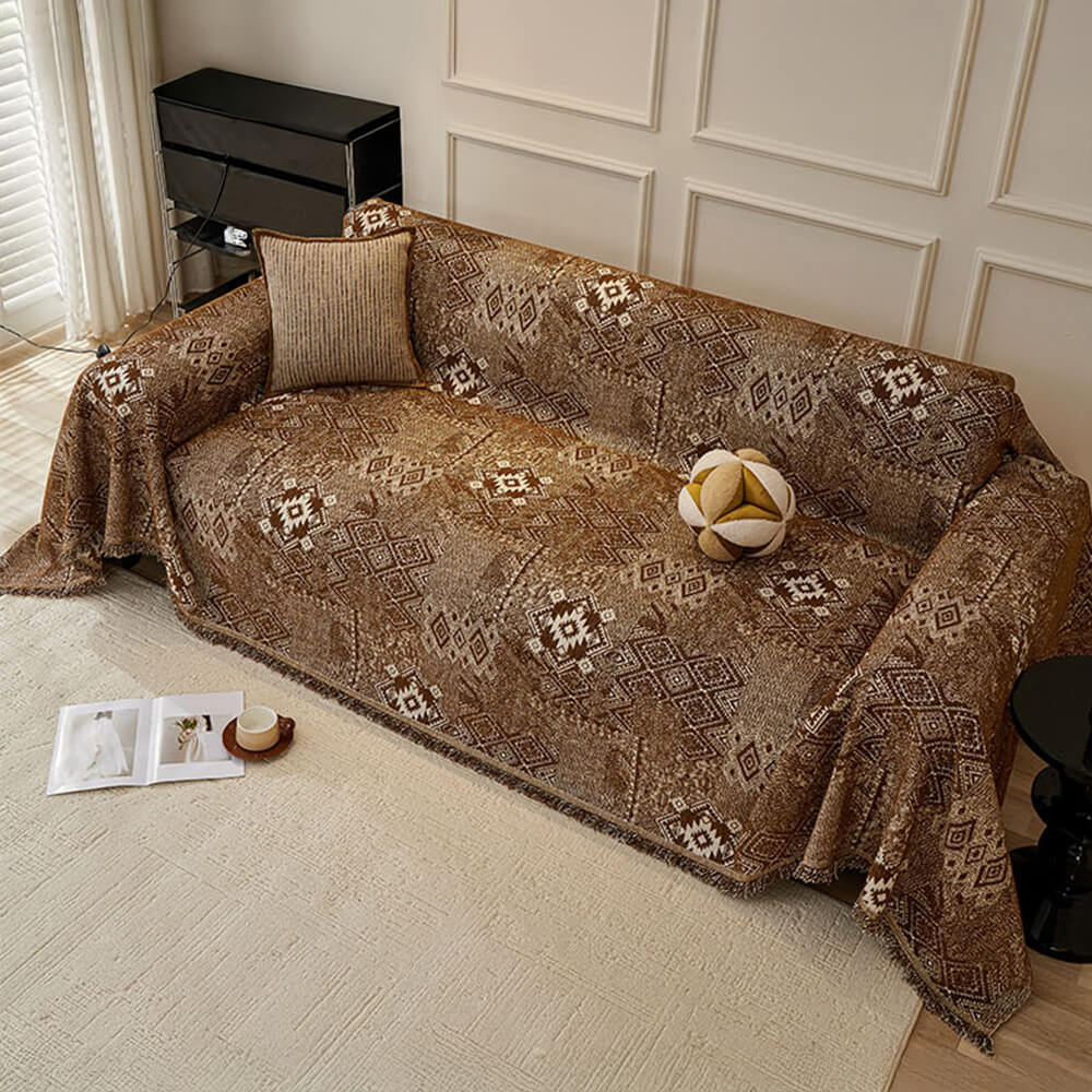 Moroccan Pattern Reversible Chenille Cat-Scratch Resistant Throw Couch Cover