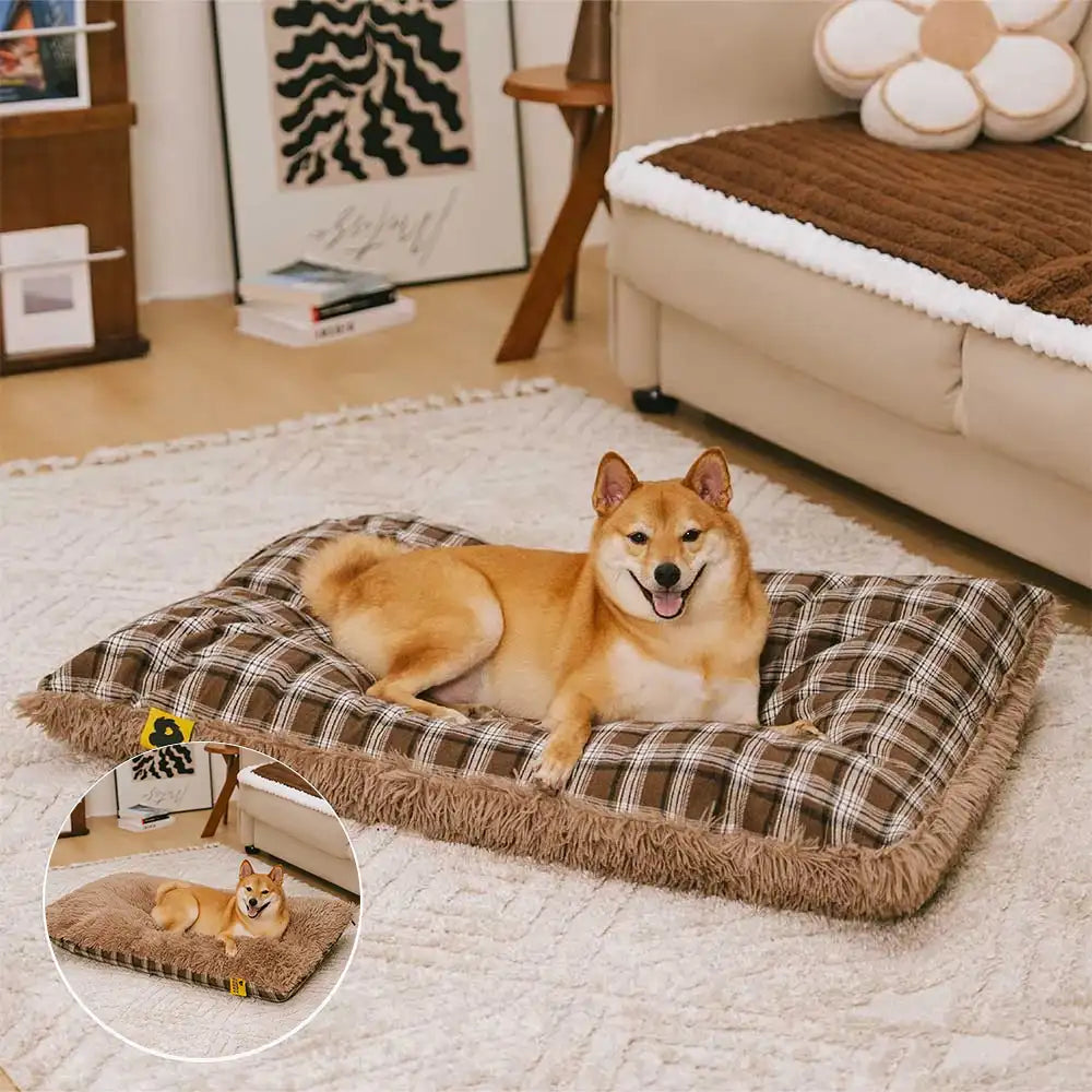 Classical Plaid Dual-Sided Removable Plush Calming Dog Mat