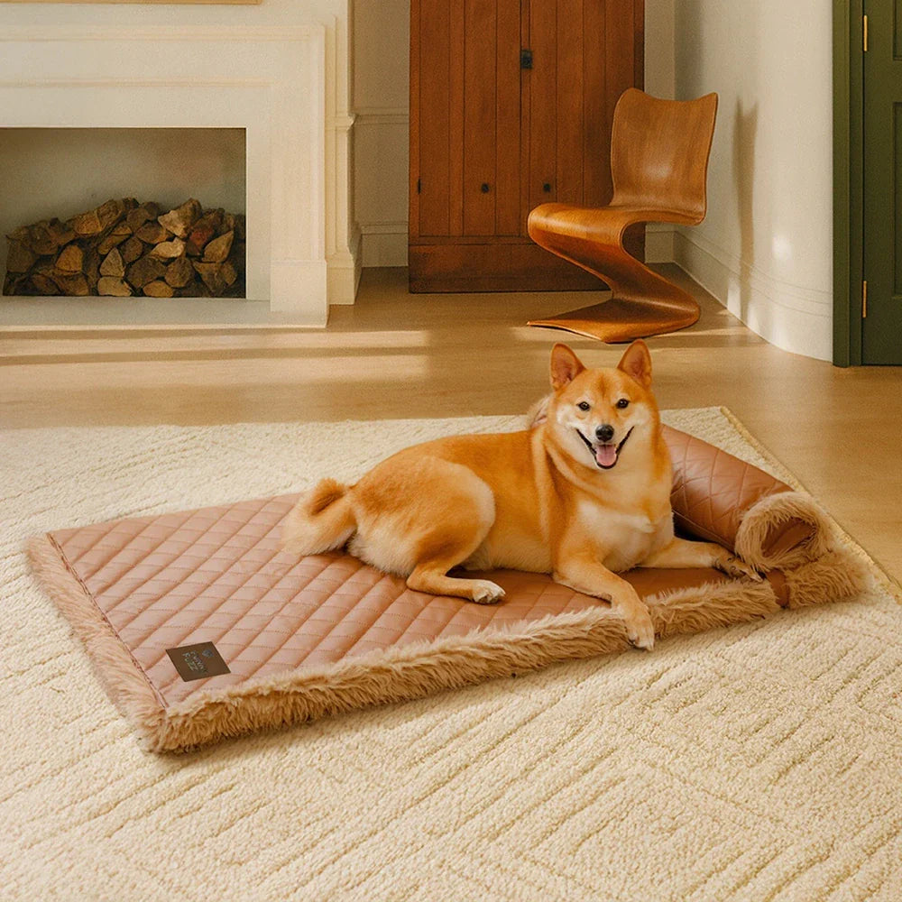 Dual-Sided Faux Leather＆Warm Plush Removable Sponge Dog Mat With Pillow