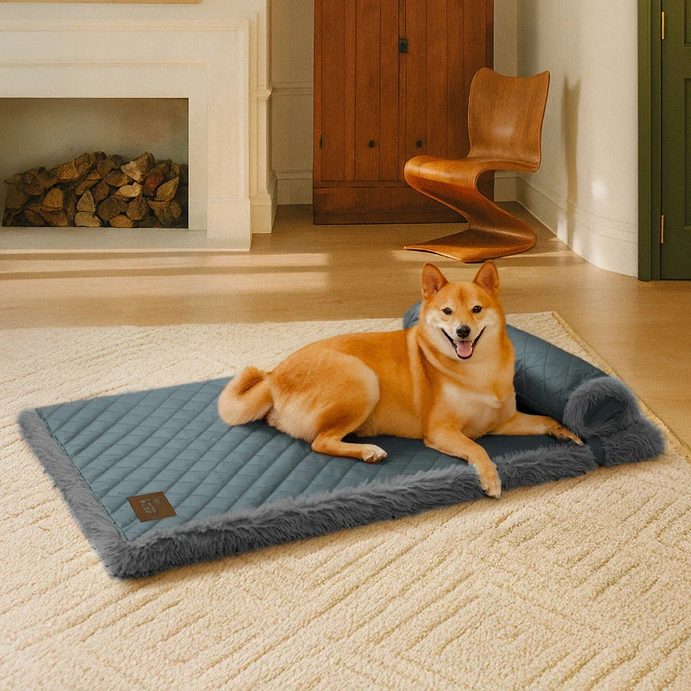 Dual-Sided Faux Leather＆Warm Plush Removable Sponge Dog Mat With Pillow