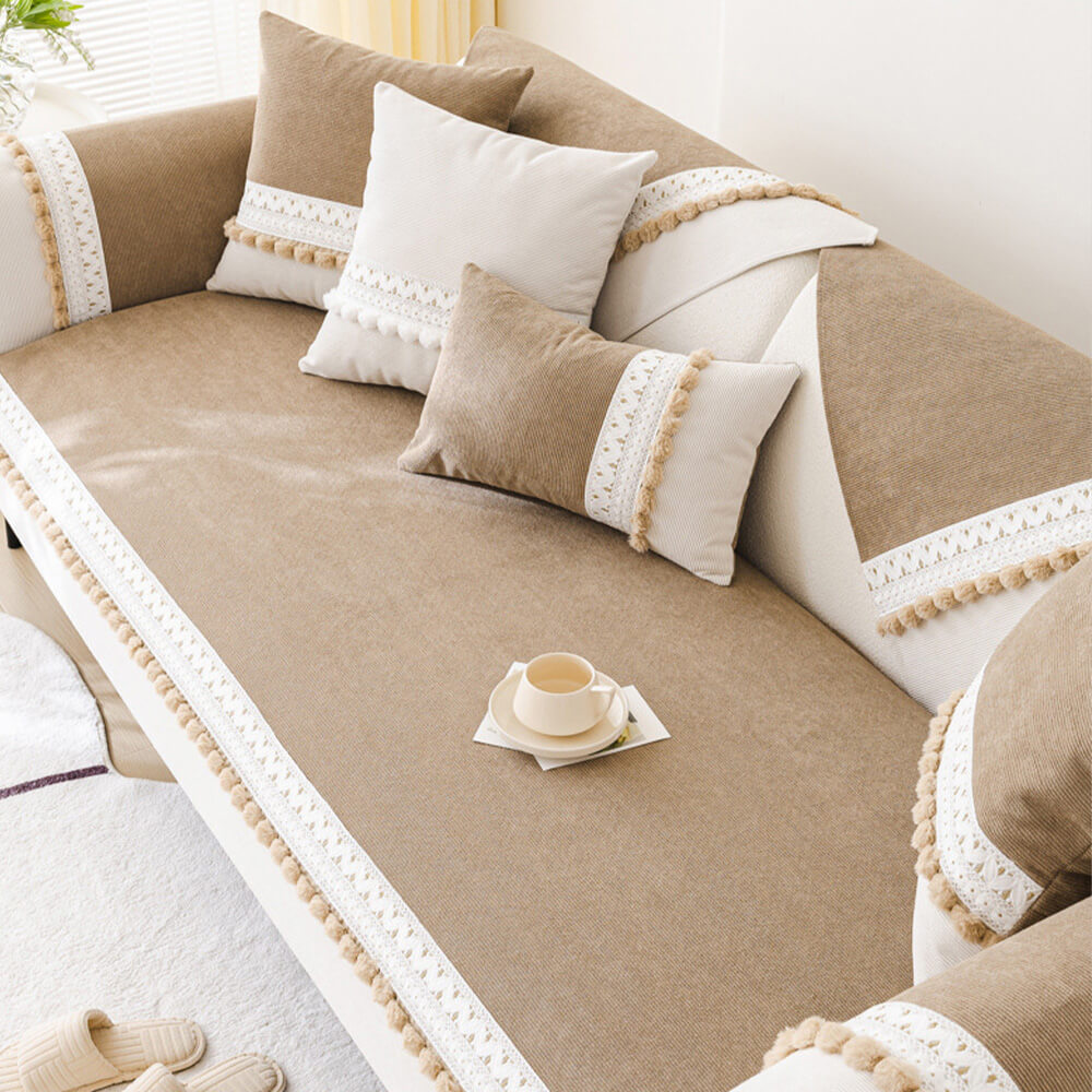 All-Season Water-resistant Anti-Scratch Soft Corduroy Couch Cover with Pom-Poms