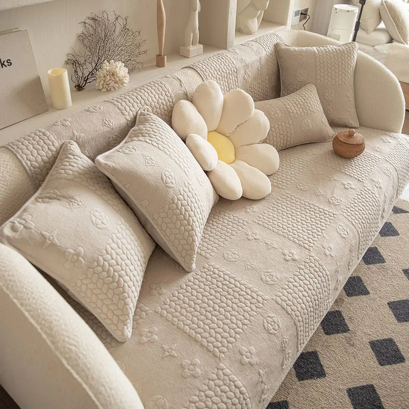 3D Wheat Embroidery Washable Cotton Non-Slip Anti-pet Scratch Couch Cover