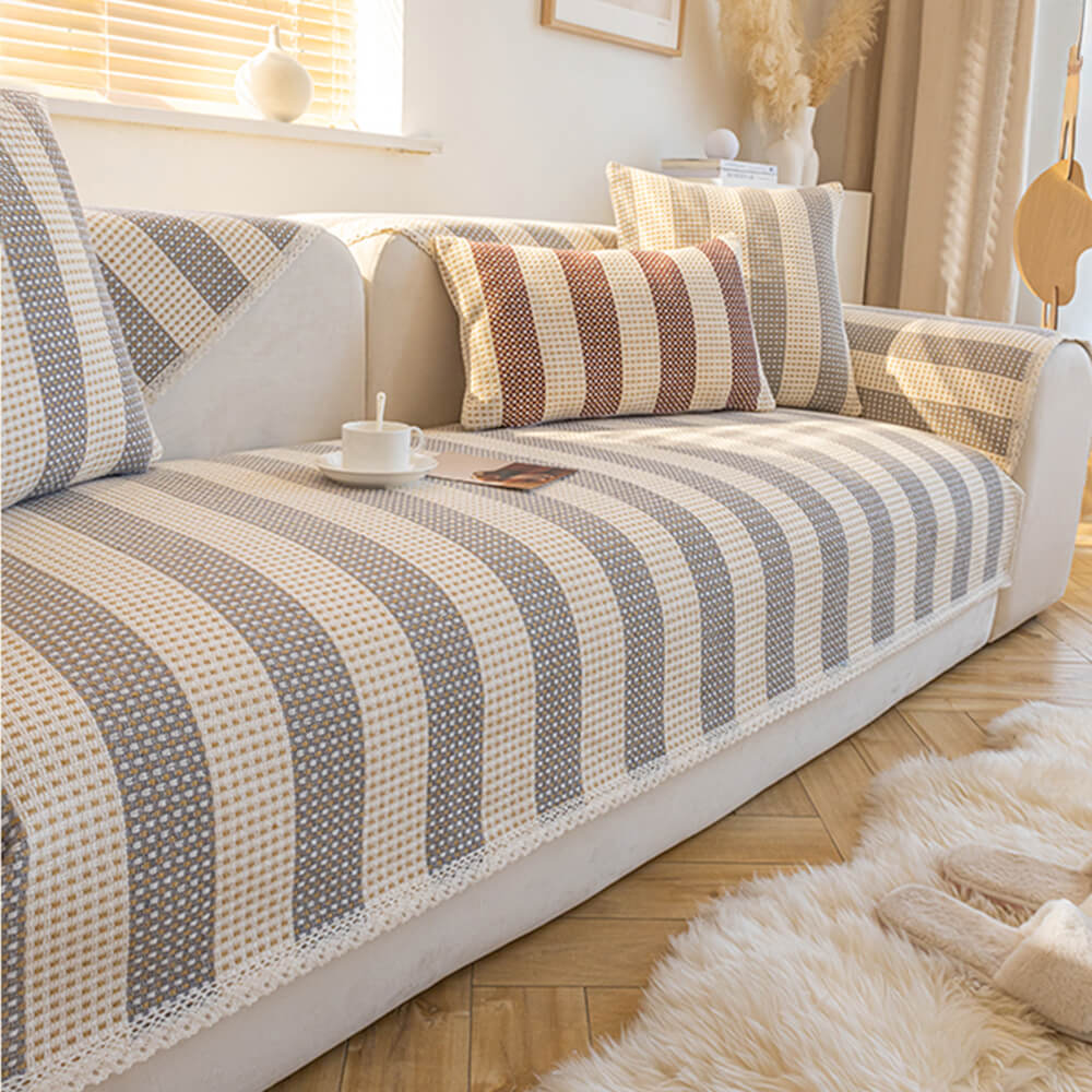 Cotton Linen Stripe Anti-scratch Furniture Protector Couch Cover