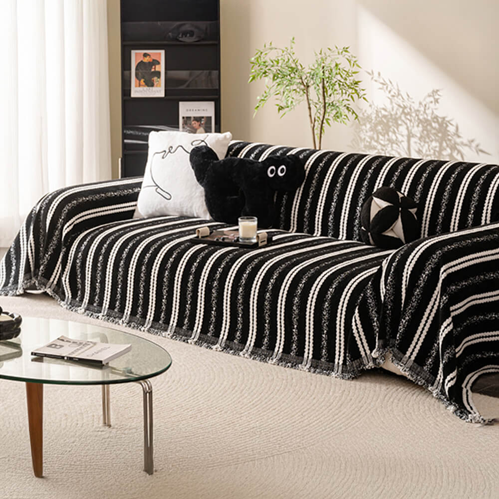 Decorative Stripe Tassel Chenille Throw Couch Cover