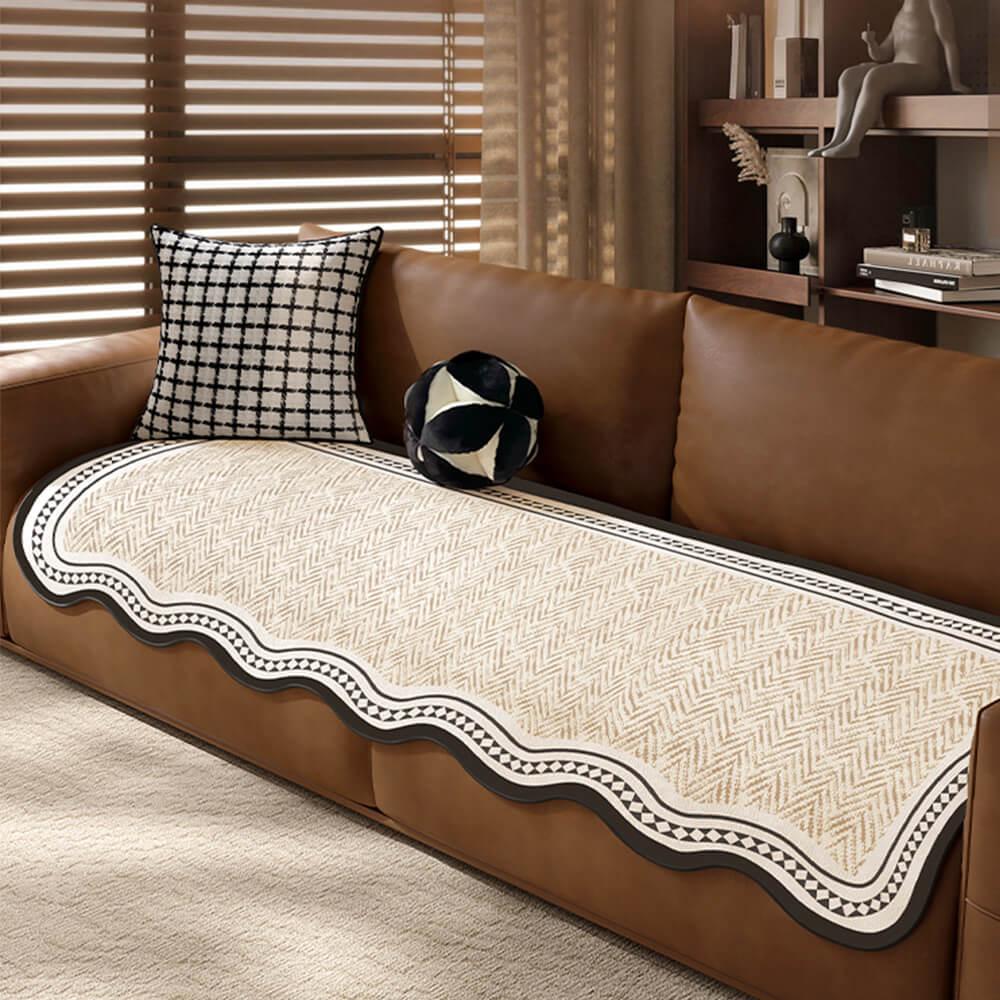 Durable Herringbone Pattern Anti-Slip Couch Cover with Wavy Trim – Pet Scratch Resistant