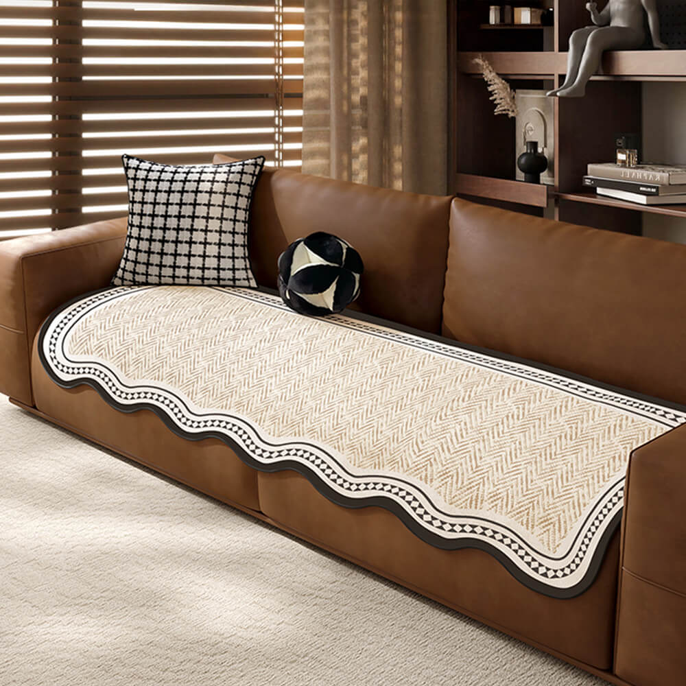 Durable Herringbone Pattern Anti-Slip Couch Cover with Wavy Trim – Pet Scratch Resistant