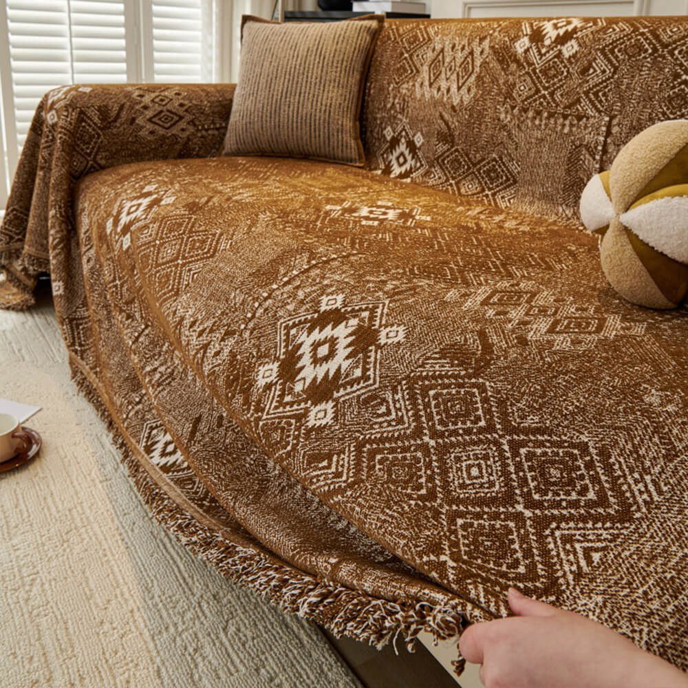 Moroccan Pattern Reversible Chenille Cat-Scratch Resistant Throw Couch Cover