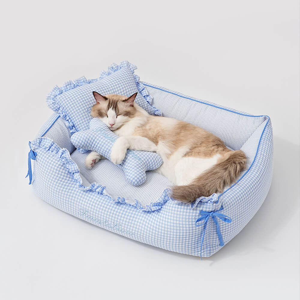 Soft Gingham Washable Dog & Cat Sofa Bed with Pillows
