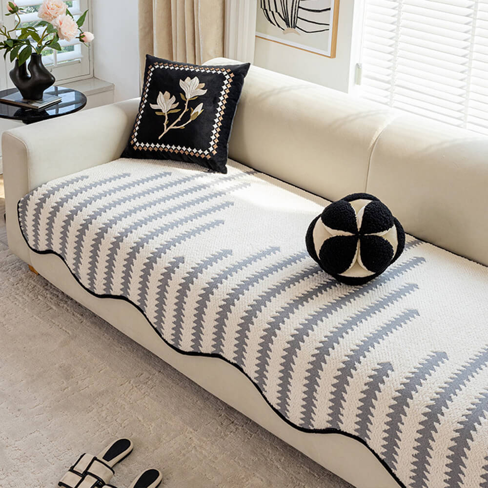 Modern Chevron Stripes Chenille Couch Cover with Wavy Edges
