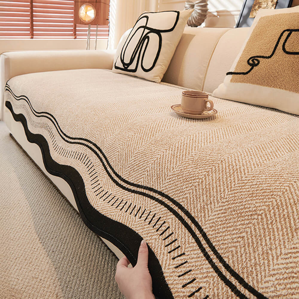 Non-Slip Herringbone Chenille Couch Cover with Wavy Edges
