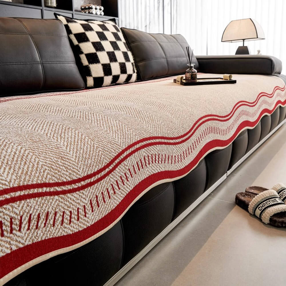 Non-Slip Herringbone Chenille Couch Cover with Wavy Edges