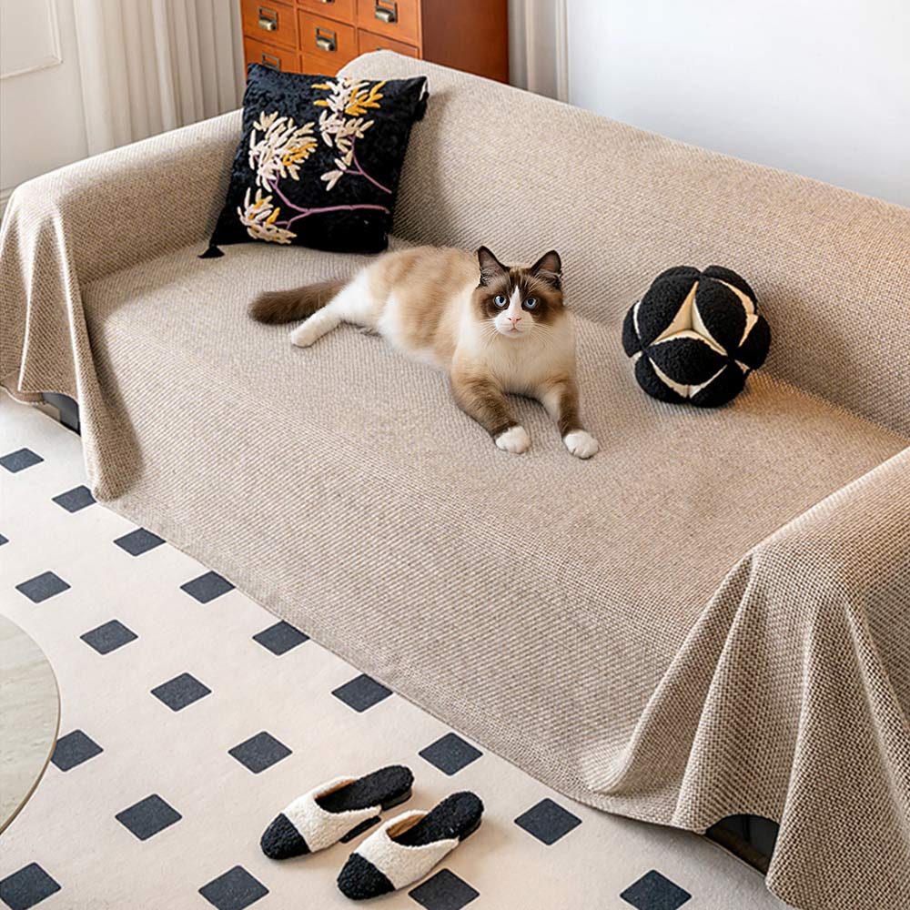 Breathable Woven Linen-Look Scratch-Resistant Throw Couch Cover