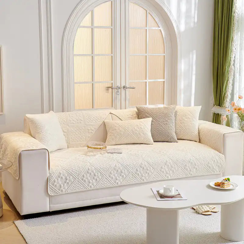 Embossed Geometric Pattern Soft Plush Quilted Non-Slip Couch Cover