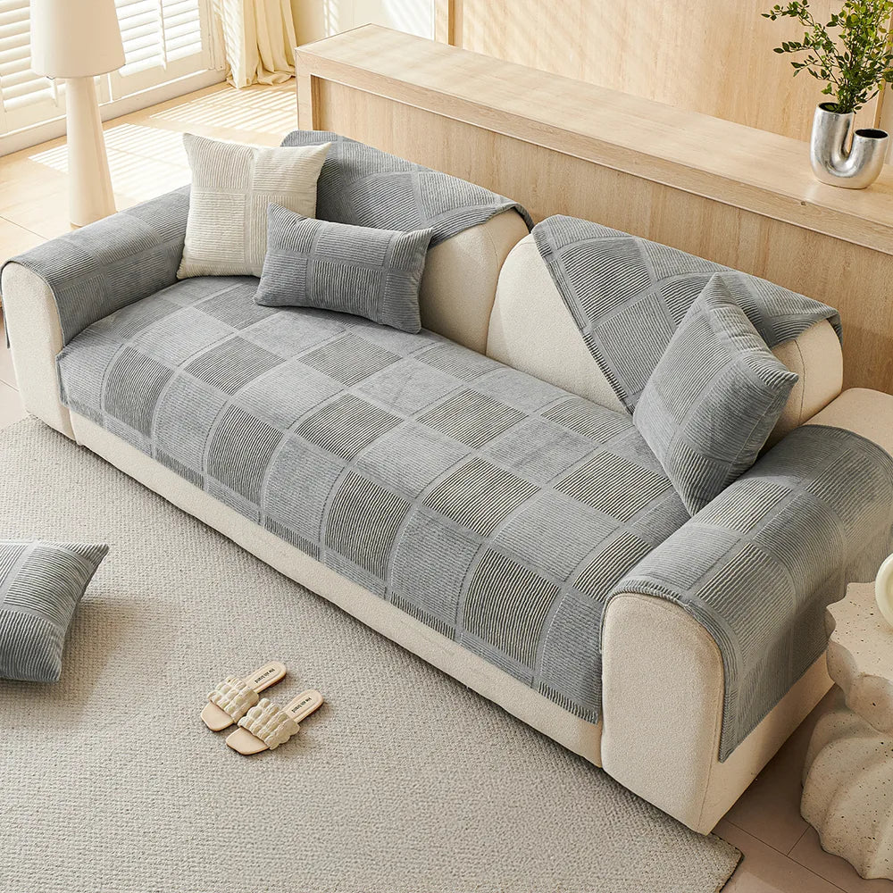 Plush Cream Geometric All Seasons Non-Slip Couch Cover