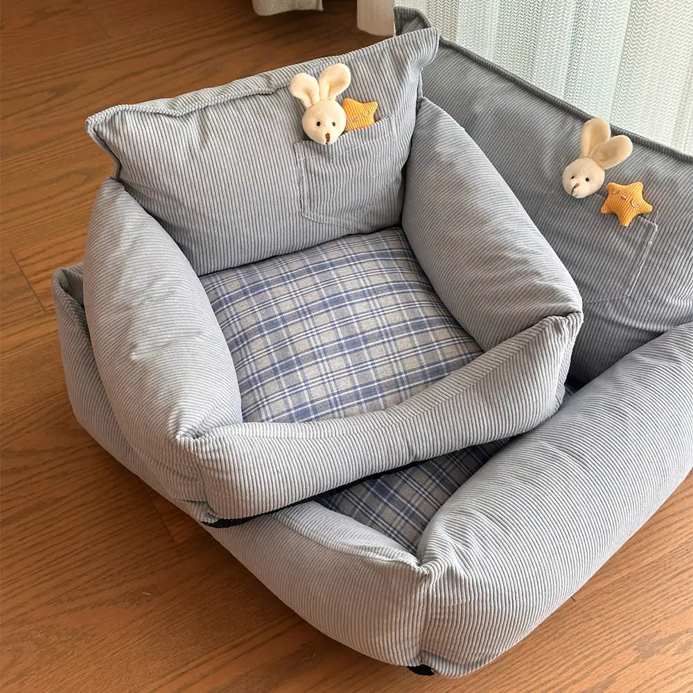 Rustic Corduroy Plaid Patchwork Dog Sofa Bed with Toy