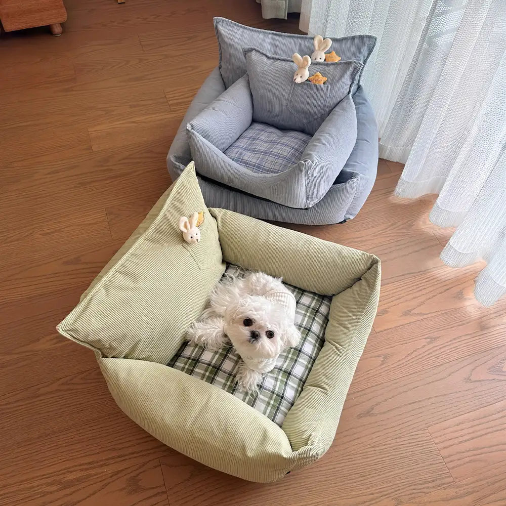 Rustic Corduroy Plaid Patchwork Dog Sofa Bed with Toy