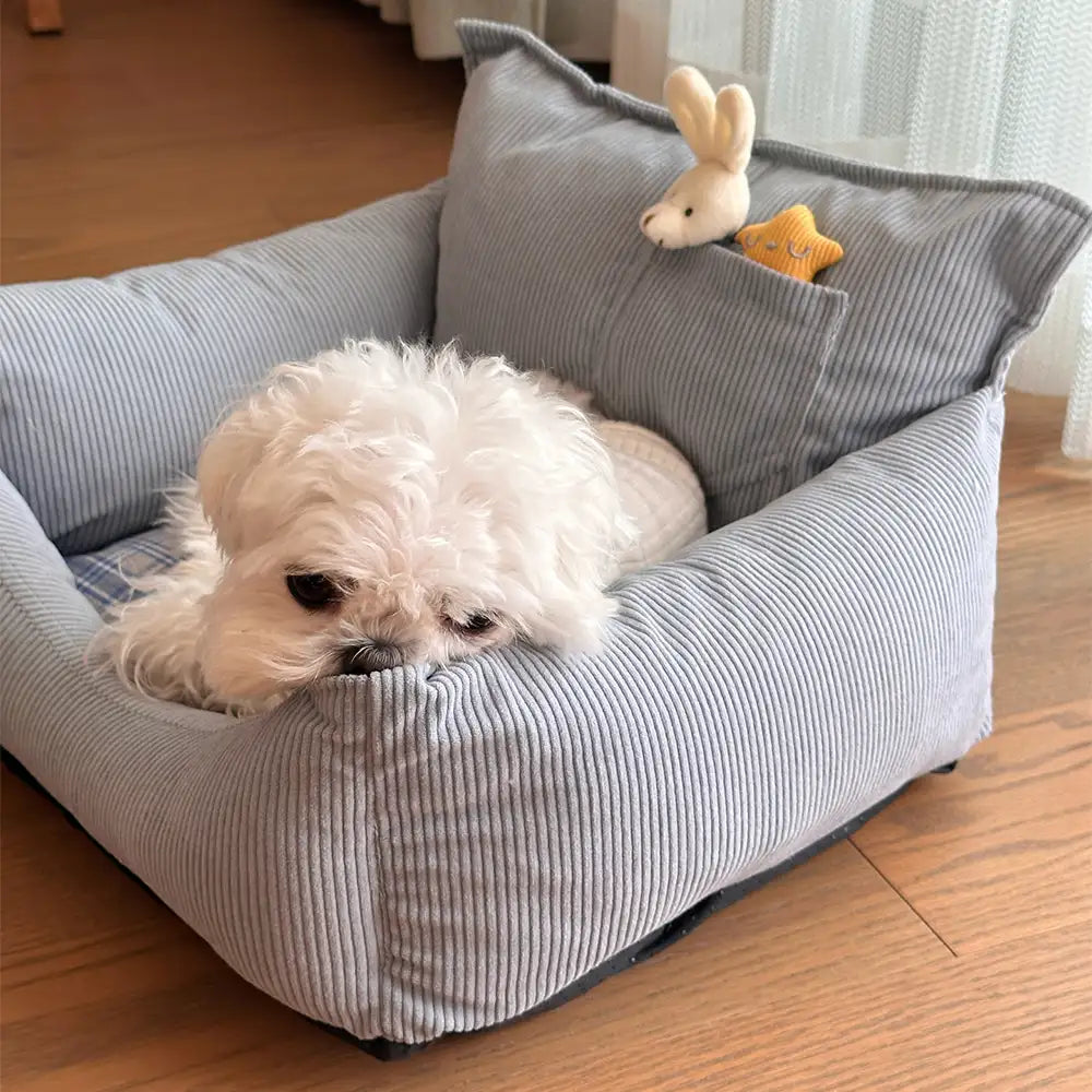 Rustic Corduroy Plaid Patchwork Dog Sofa Bed with Toy