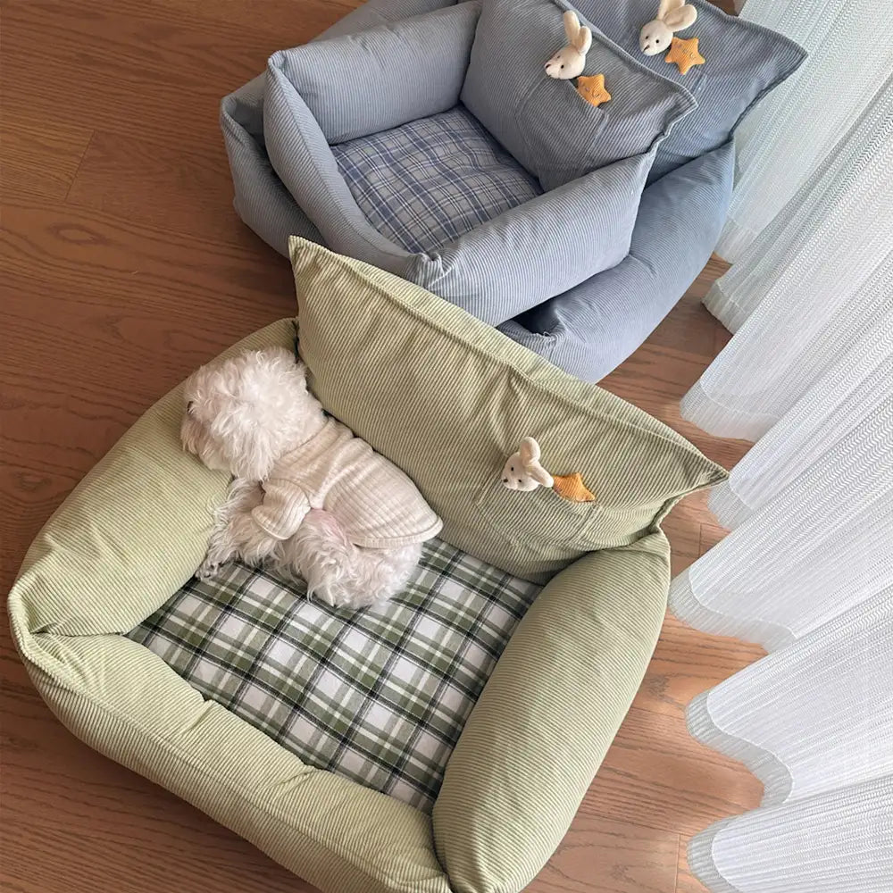 Rustic Corduroy Plaid Patchwork Dog Sofa Bed with Toy
