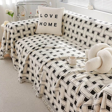 Stylish Checkered Fringed Tassel Chenille Sofa Protector Throw Couch Cover