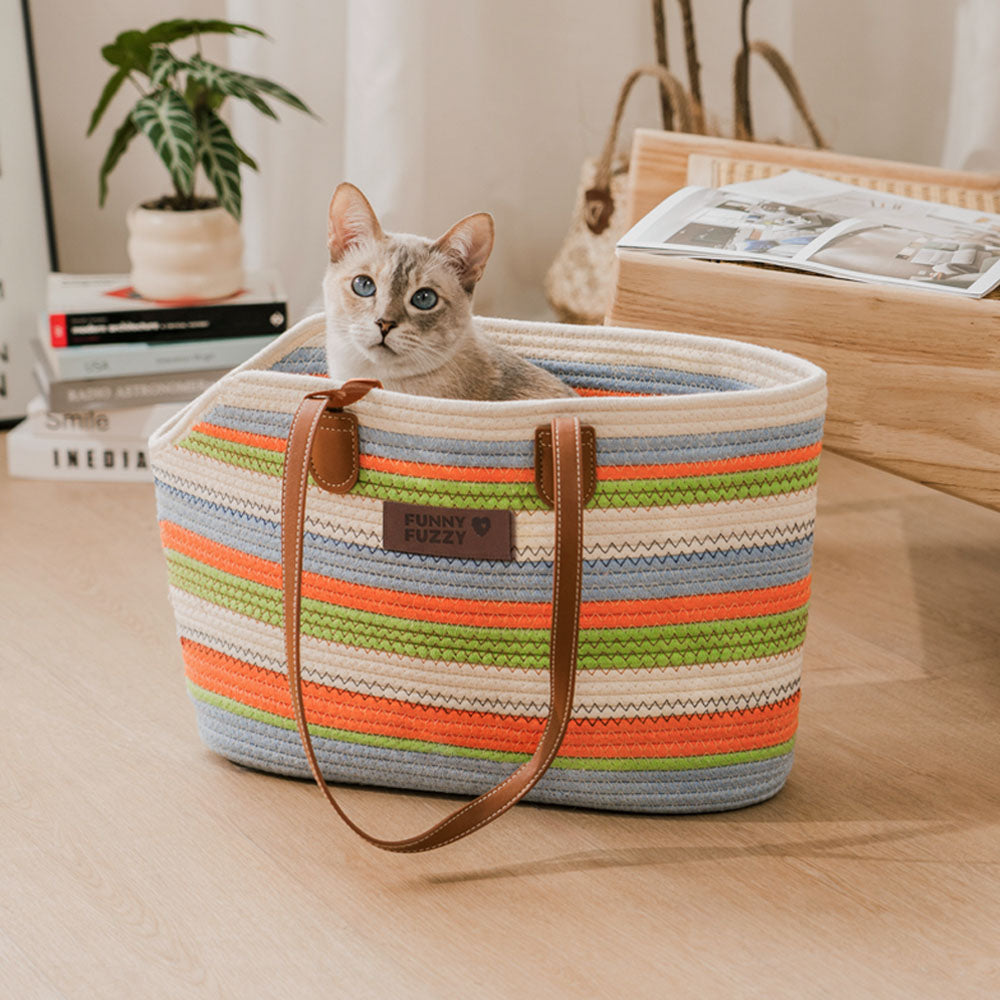 Handmade Lightweight Cotton Woven Beach Bag Pet Carrier- Summer Vacation