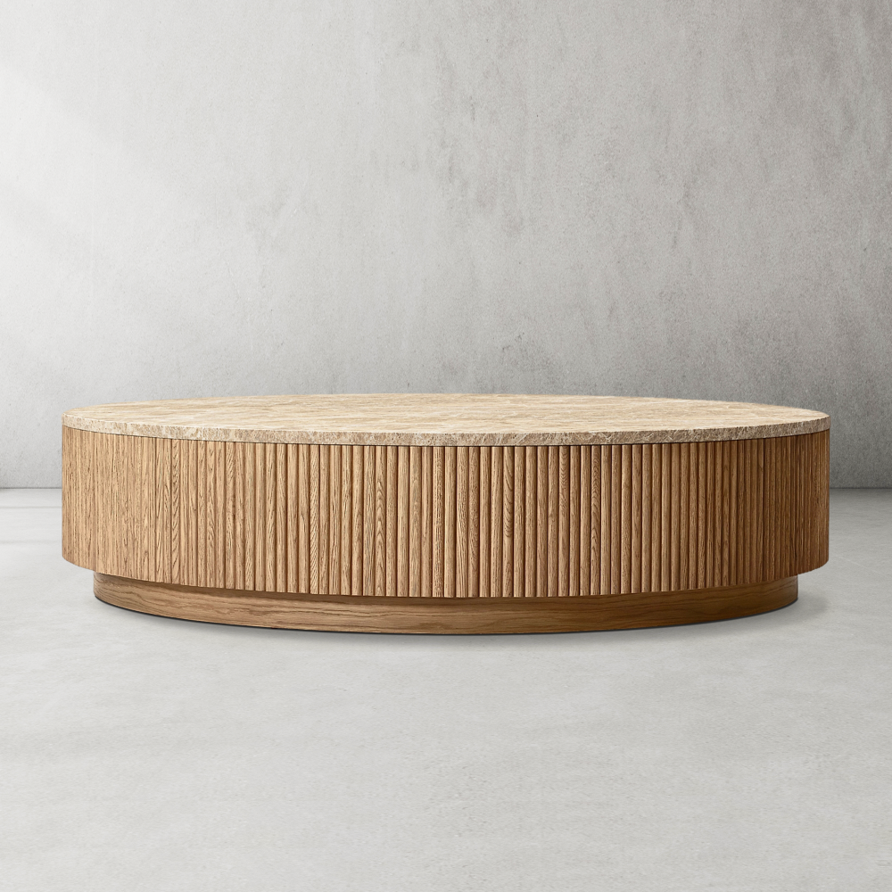 Mulholland Oak Wood & Stone Round Coffee Table