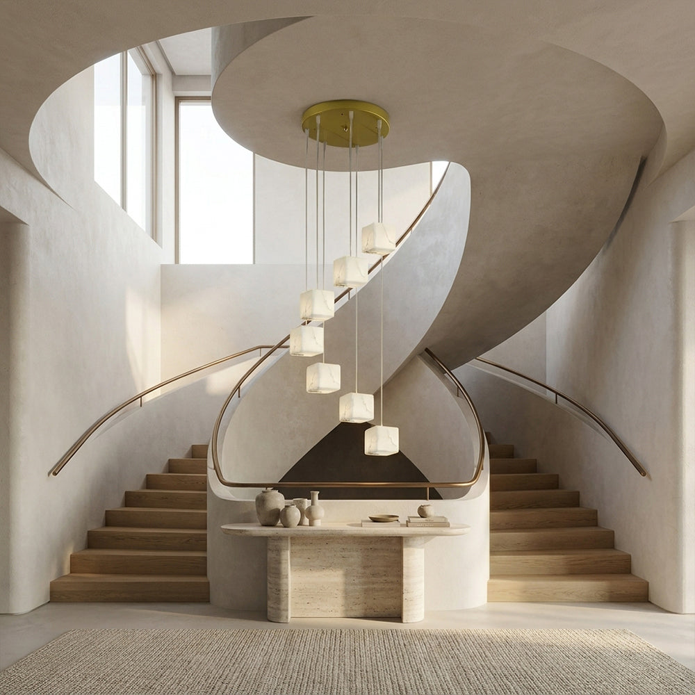 Nura Cube Natural Alabaster 7-Light Round Chandelier 12"D