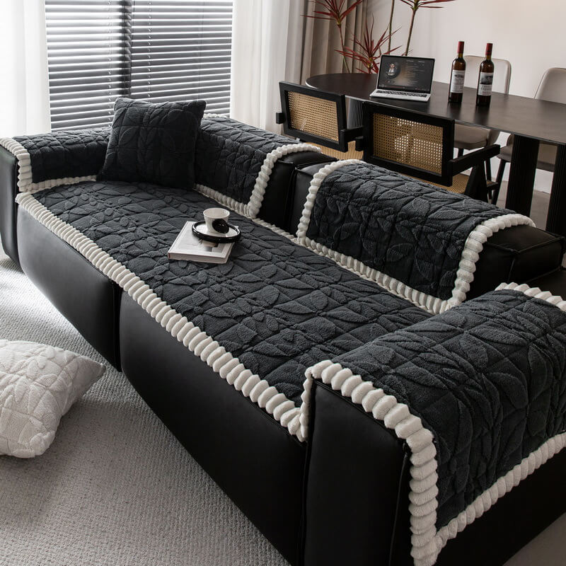 Thickened Short Plush Leaf Pattern Scratch Resistant Non-Slip Couch Cover