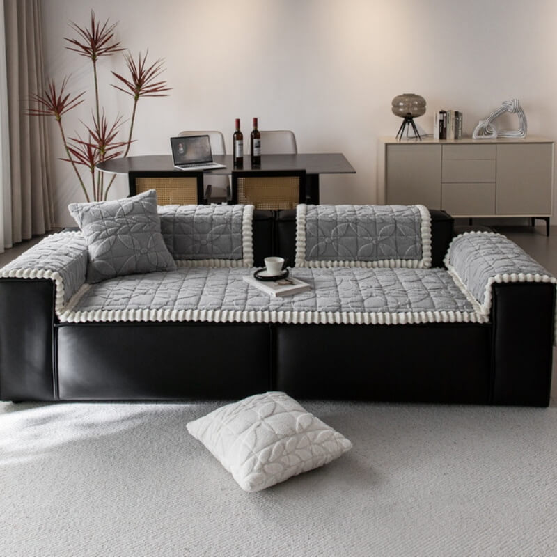 Thickened Short Plush Leaf Pattern Scratch Resistant Non-Slip Couch Cover