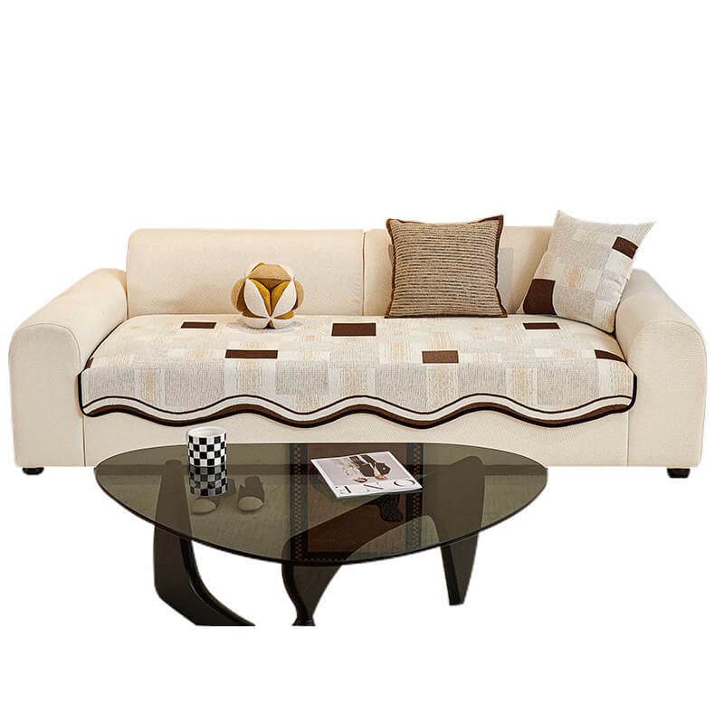 Durable Herringbone Pattern Anti-Slip Couch Cover with Wavy Trim – Pet Scratch Resistant
