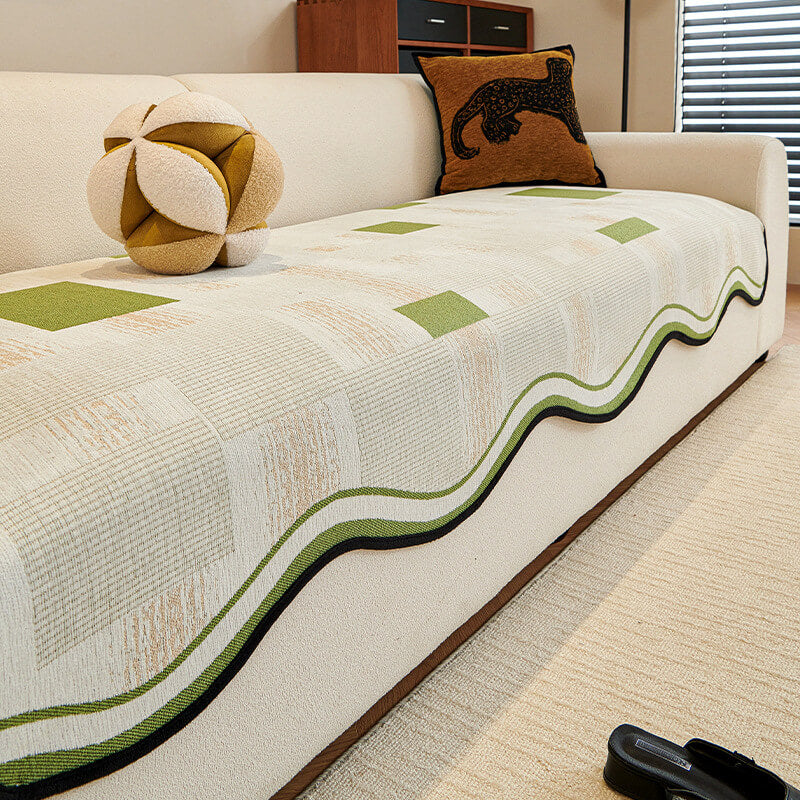 Durable Herringbone Pattern Anti-Slip Couch Cover with Wavy Trim – Pet Scratch Resistant