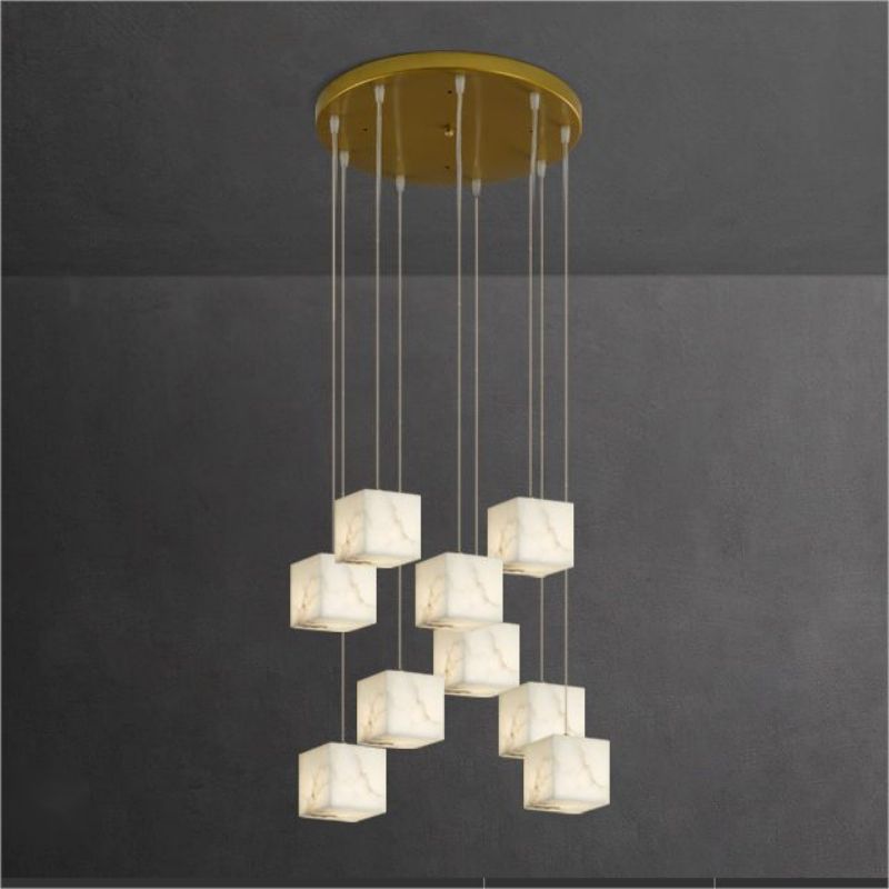 Alabaster Cube Foyer Staircase Long Chandelier 吊灯 rbrights 9-Light