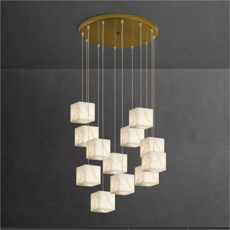 Alabaster Cube Foyer Staircase Long Chandelier 吊灯 rbrights 12-Light