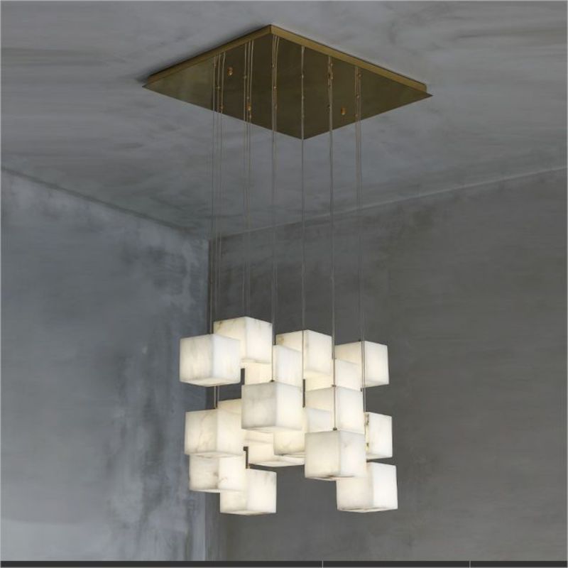 Alabaster Cube Foyer Staircase Long Chandelier 吊灯 rbrights 18-Light