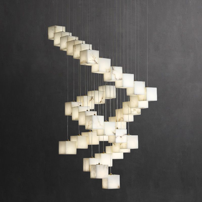Alabaster Cube Foyer Staircase Long Chandelier 吊灯 rbrights 36-Light B