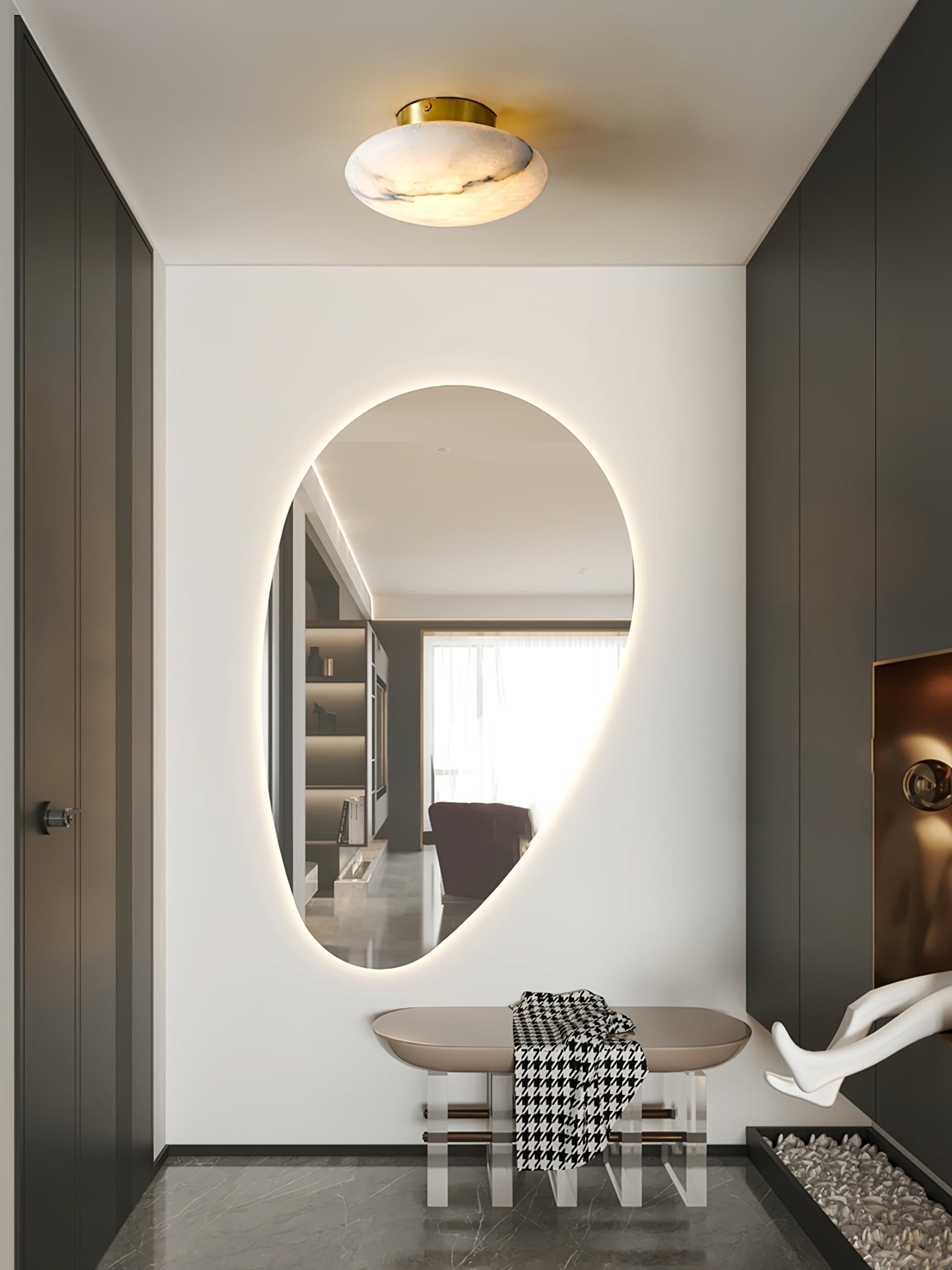 Alabaster Oval Ceiling Lamp - ∅ 7.9″ x H 3.9″Brass & WhiteWarm LightJoyfuzzy