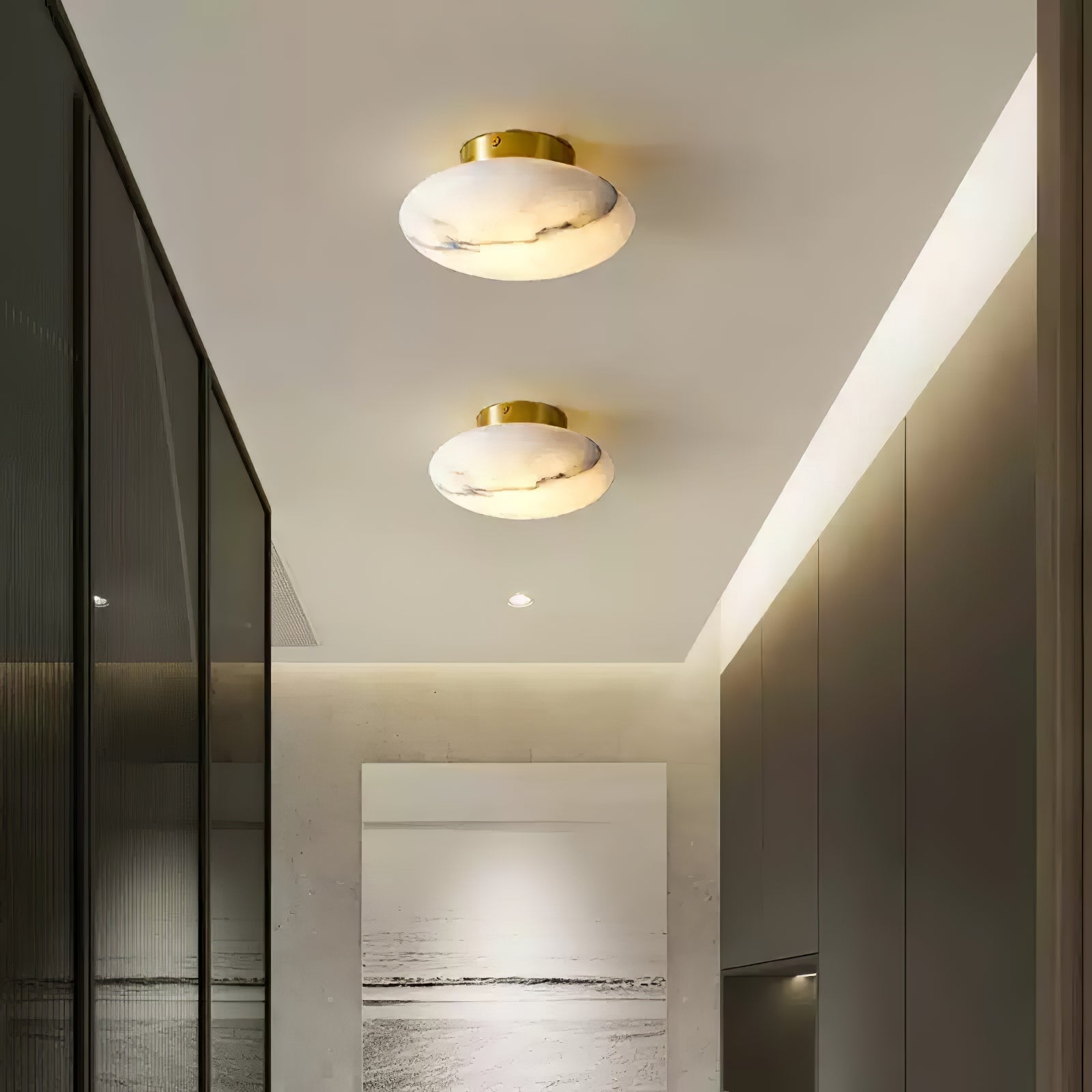 Alabaster Oval Ceiling Lamp - ∅ 7.9″ x H 3.9″Brass & WhiteWarm LightJoyfuzzy