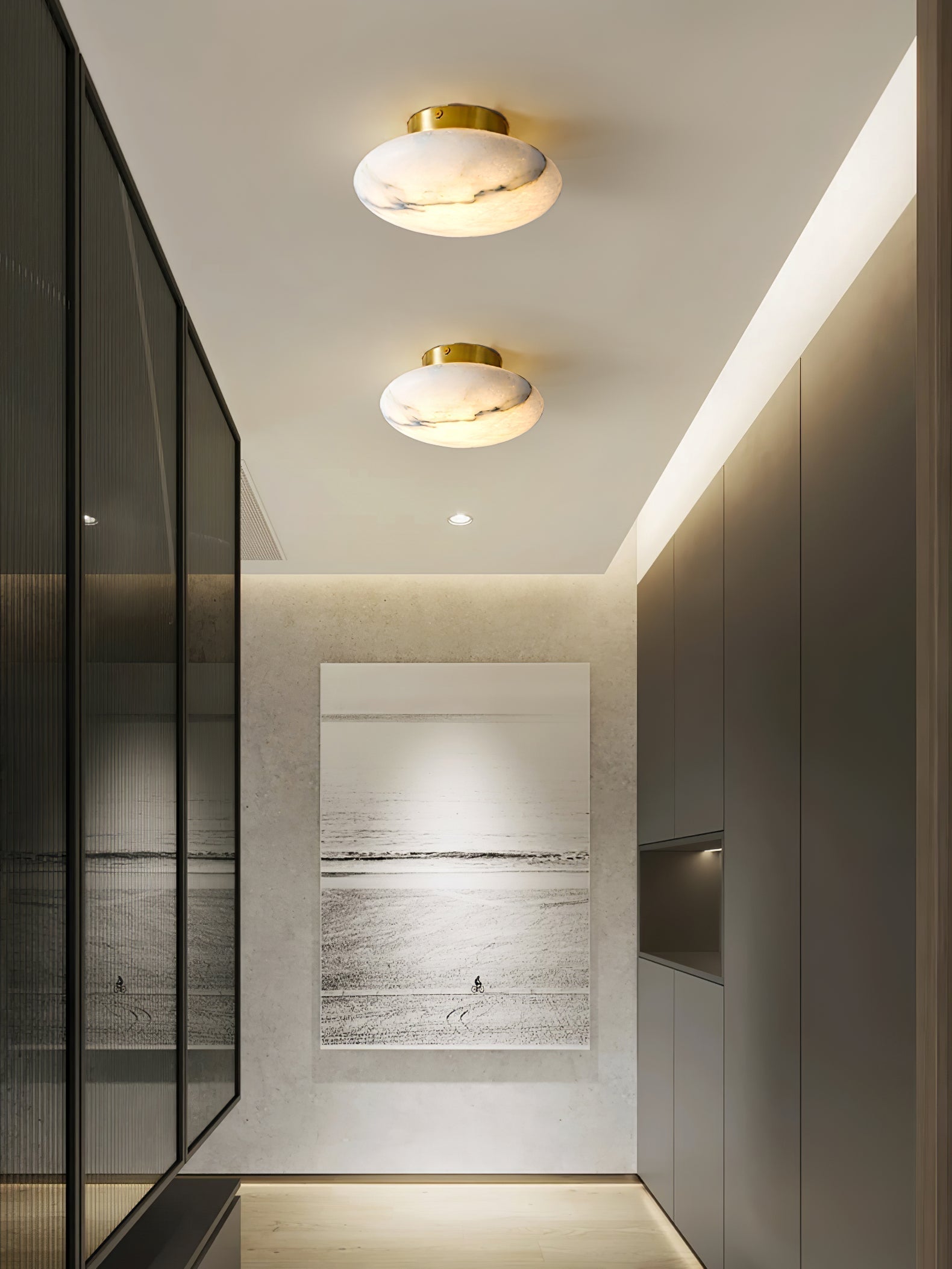 Alabaster Oval Ceiling Lamp - ∅ 7.9″ x H 3.9″Brass & WhiteWarm LightJoyfuzzy