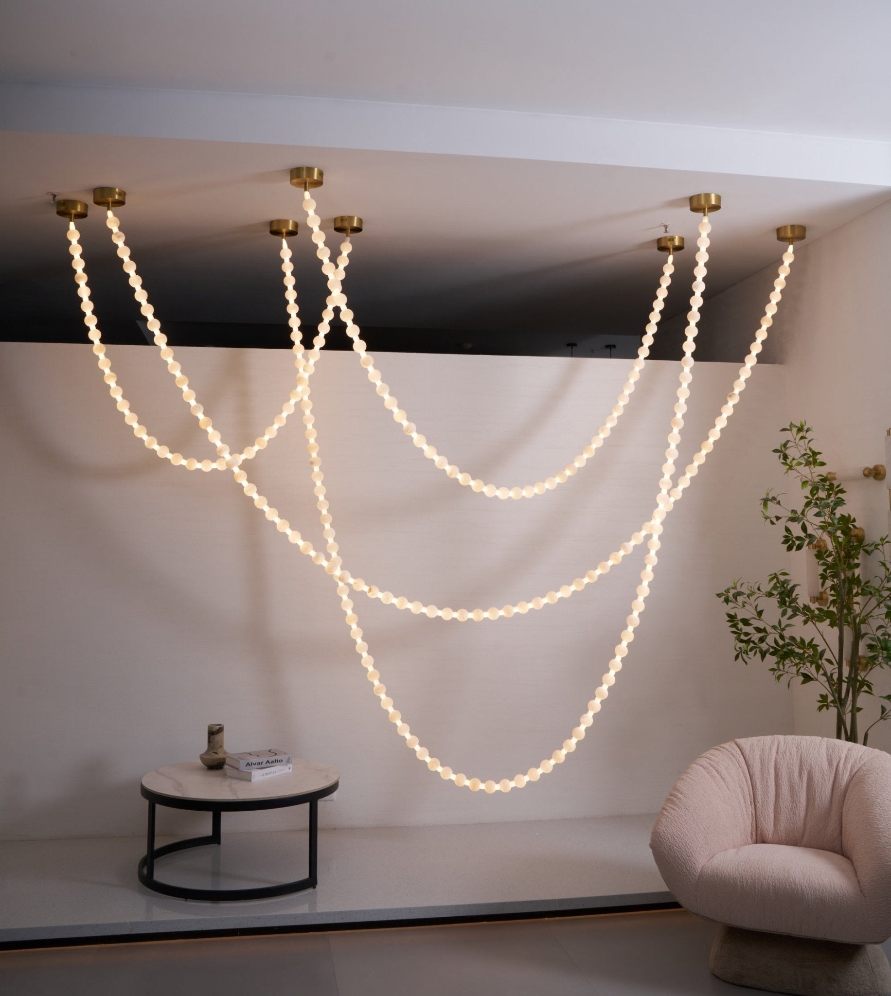 Alabaster Pearl Necklace Chandelier - 4 - Strips L 145.7″ + 116.9″ + 220.5″ + 244.9″Gold & WhiteJoyfuzzy