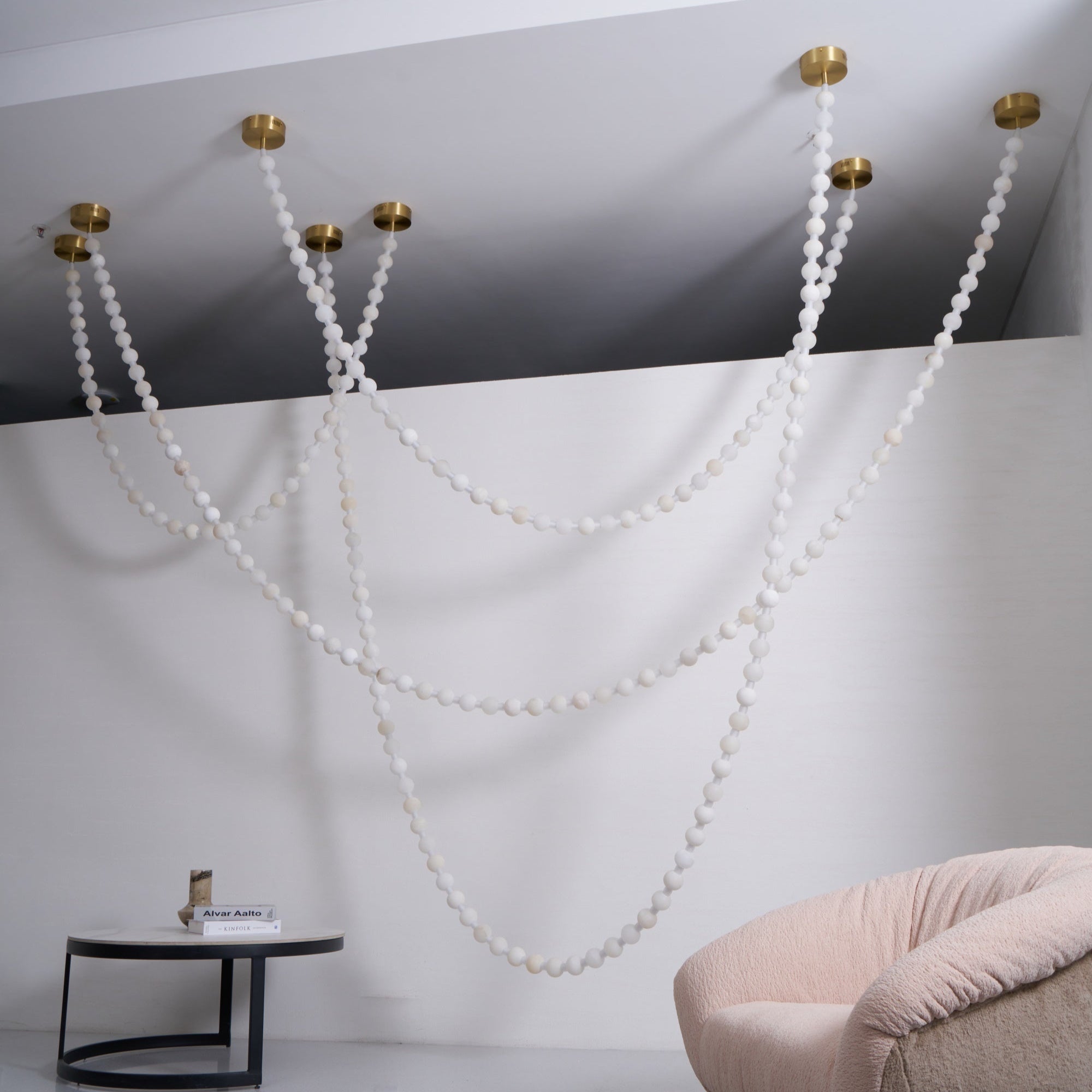 Alabaster Pearl Necklace Chandelier - 4 - Strips L 145.7″ + 116.9″ + 220.5″ + 244.9″Gold & WhiteJoyfuzzy