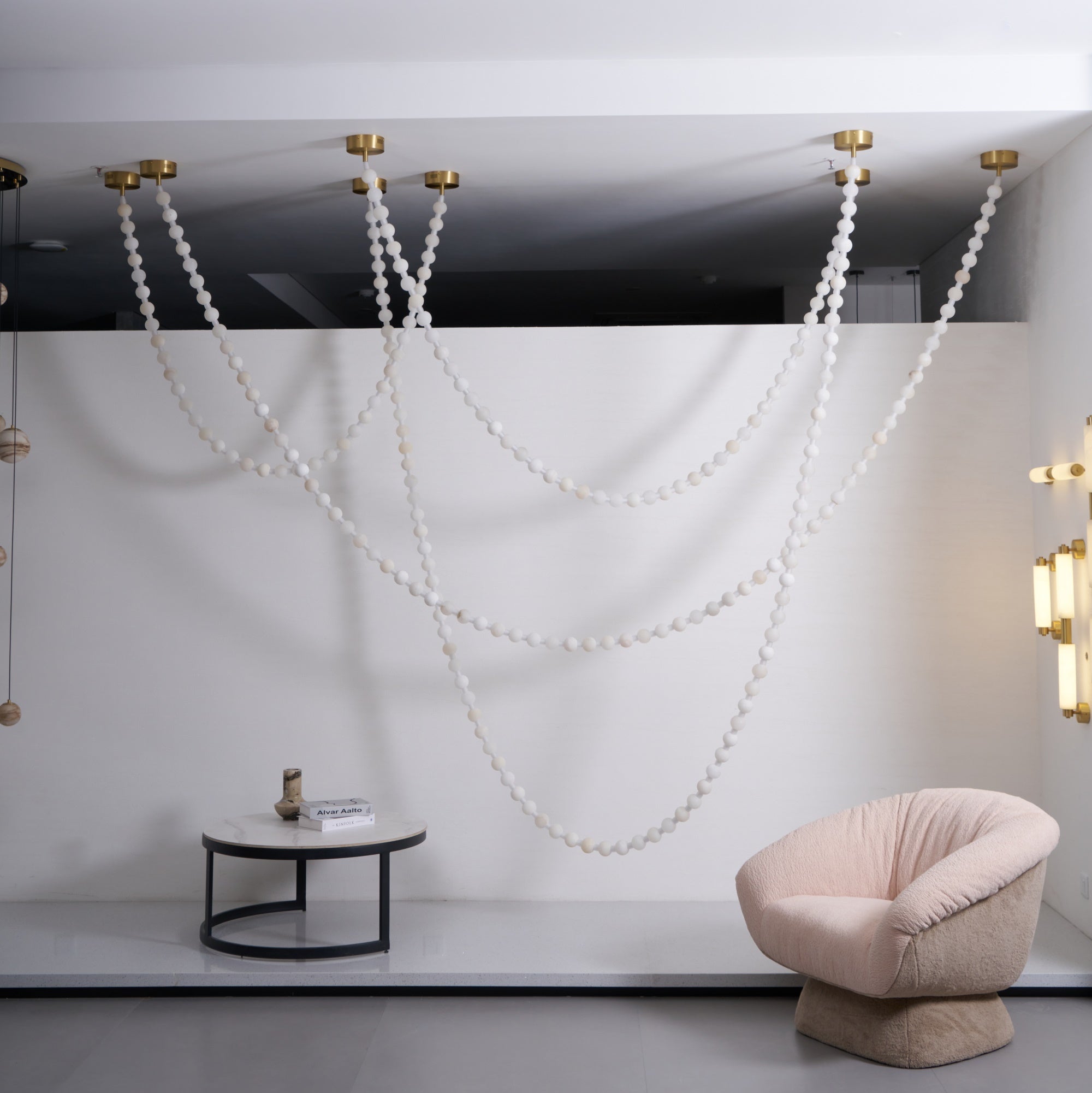 Alabaster Pearl Necklace Chandelier - 4 - Strips L 145.7″ + 116.9″ + 220.5″ + 244.9″Gold & WhiteJoyfuzzy