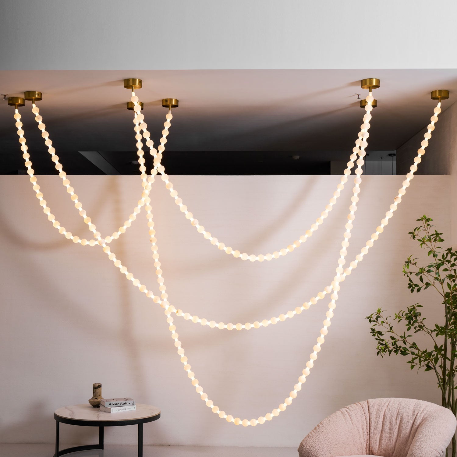 Alabaster Pearl Necklace Chandelier - 4 - Strips L 145.7″ + 116.9″ + 220.5″ + 244.9″Gold & WhiteJoyfuzzy
