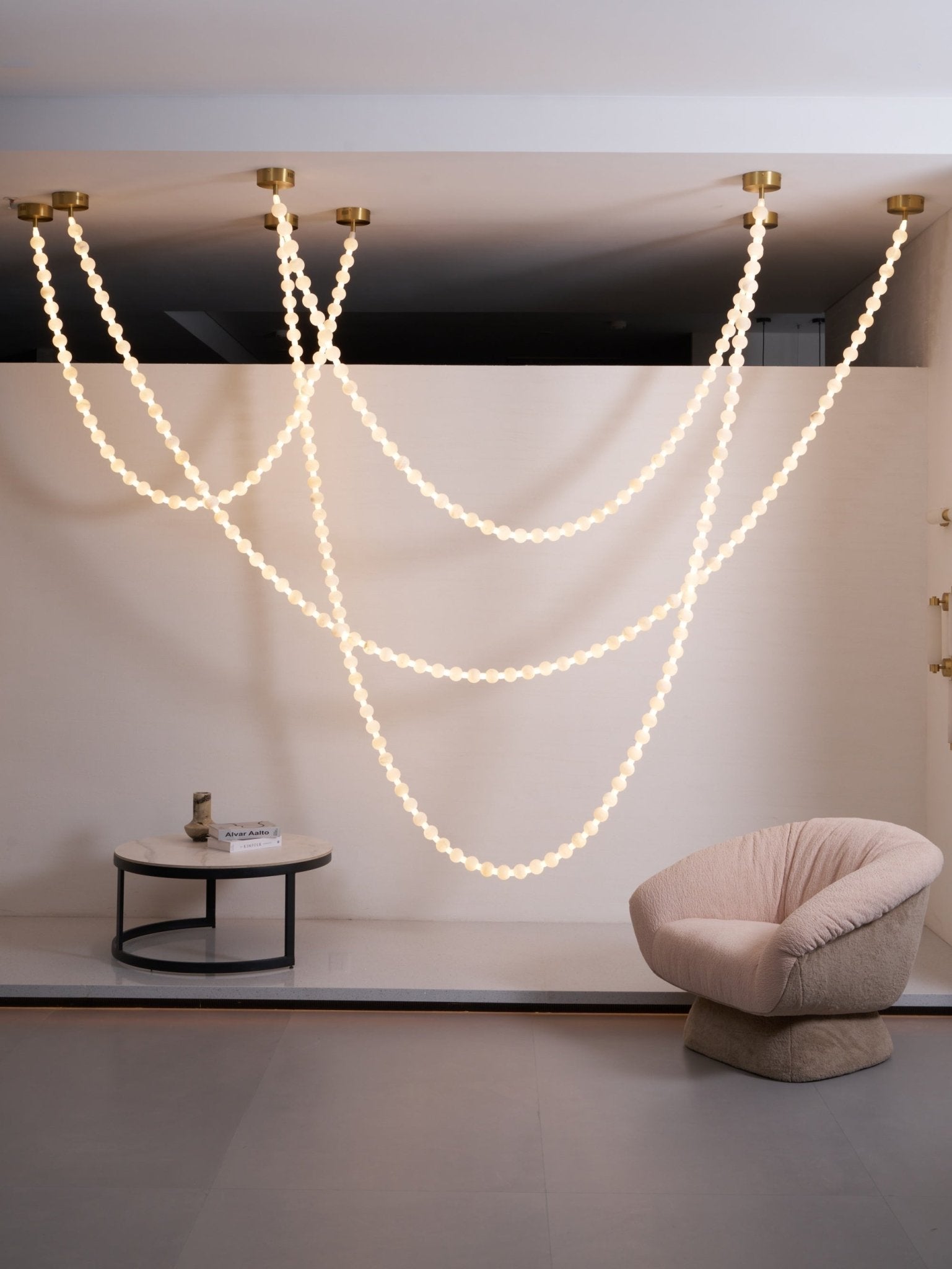 Alabaster Pearl Necklace Chandelier - 4 - Strips L 145.7″ + 116.9″ + 220.5″ + 244.9″Gold & WhiteJoyfuzzy