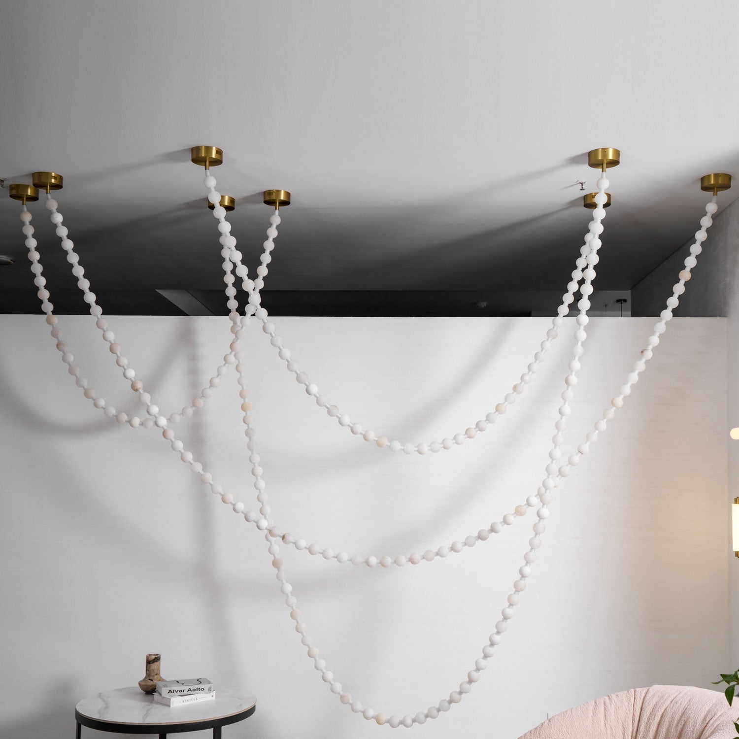 Alabaster Pearl Necklace Chandelier - 4 - Strips L 145.7″ + 116.9″ + 220.5″ + 244.9″Gold & WhiteJoyfuzzy