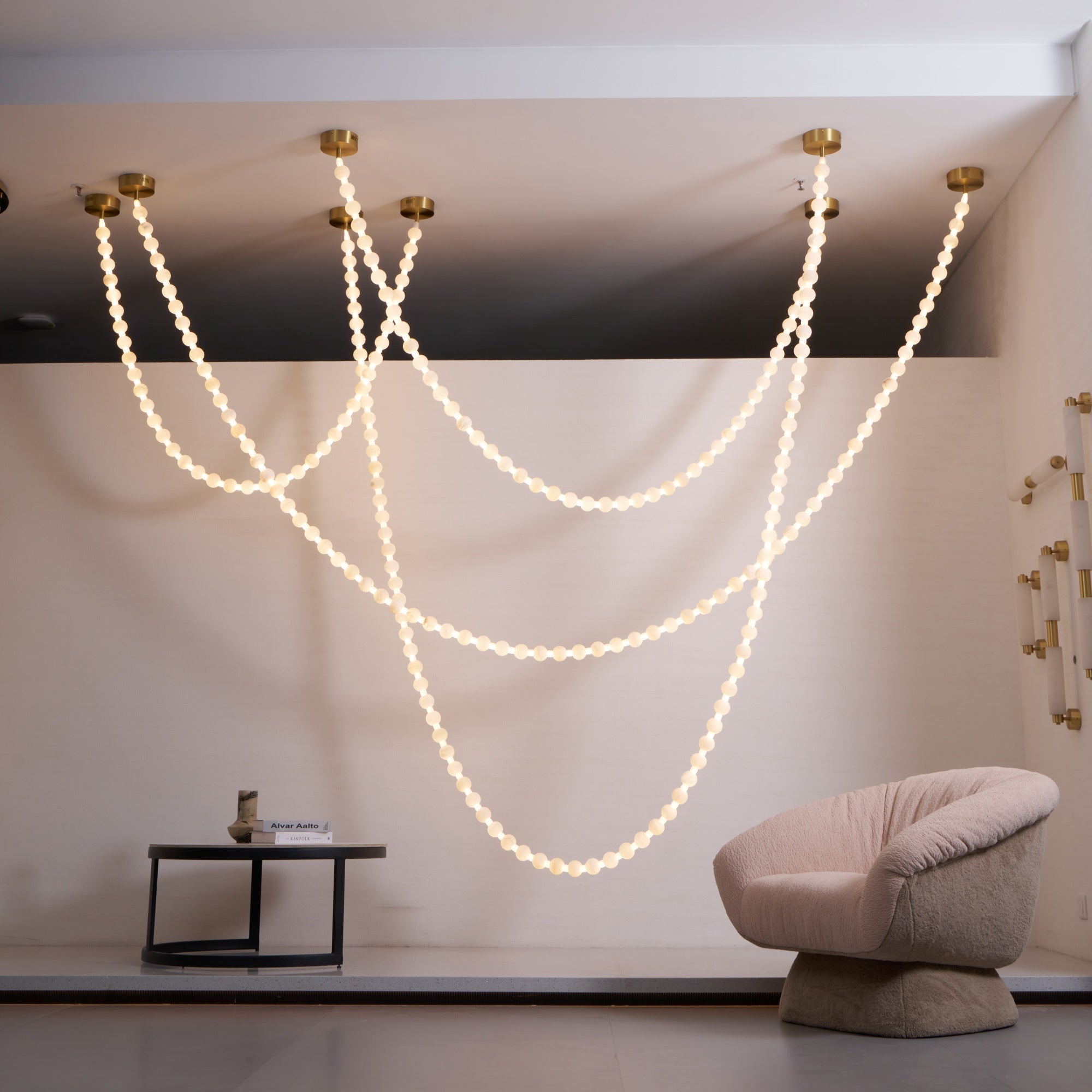 Alabaster Pearl Necklace Chandelier - 4 - Strips L 145.7″ + 116.9″ + 220.5″ + 244.9″Gold & WhiteJoyfuzzy